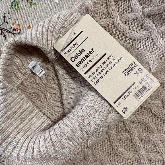 NWT Muji Cable Knit Sweater Mockneck Ribbed Wool Pullover Oatmeal Size XS - Picture 4 of 5